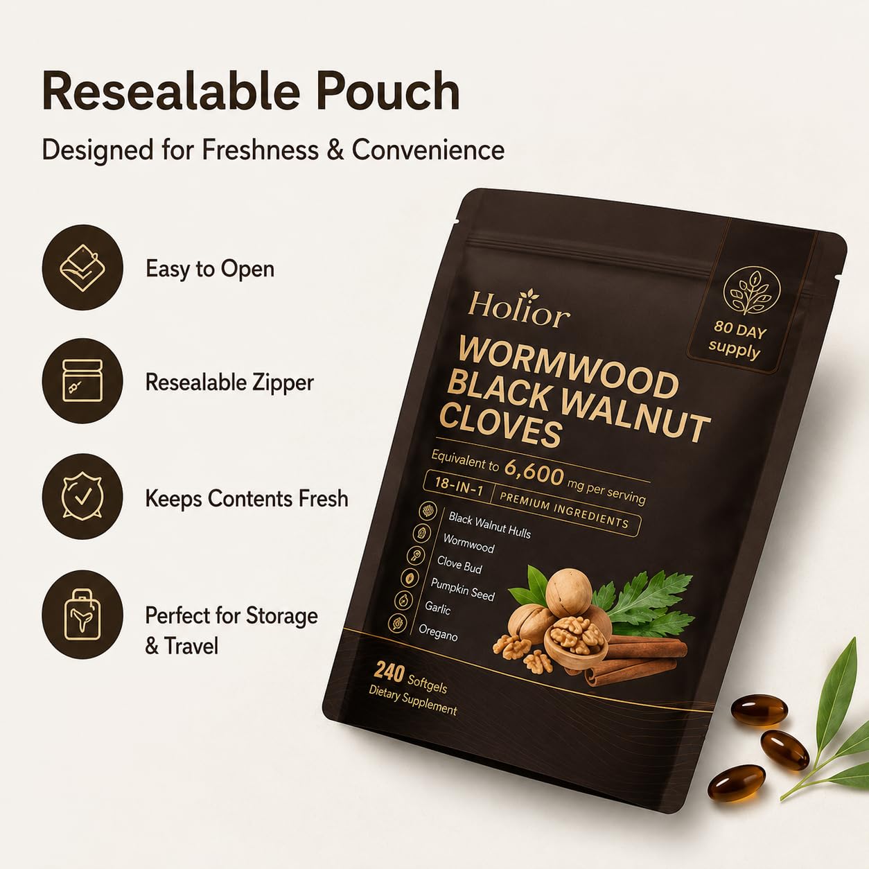 REN essentials Holior Wormwood Black Walnut Cloves 18-in-1 Herbal Supplement Softgels 240