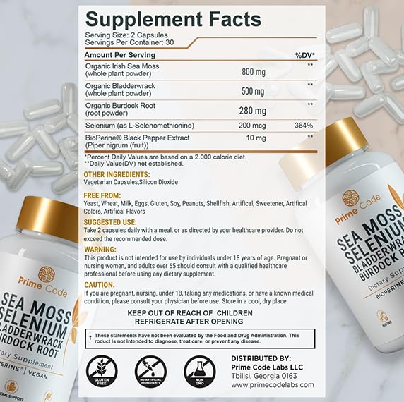 Prime Code Sea Moss Capsules with Selenium 60 Count