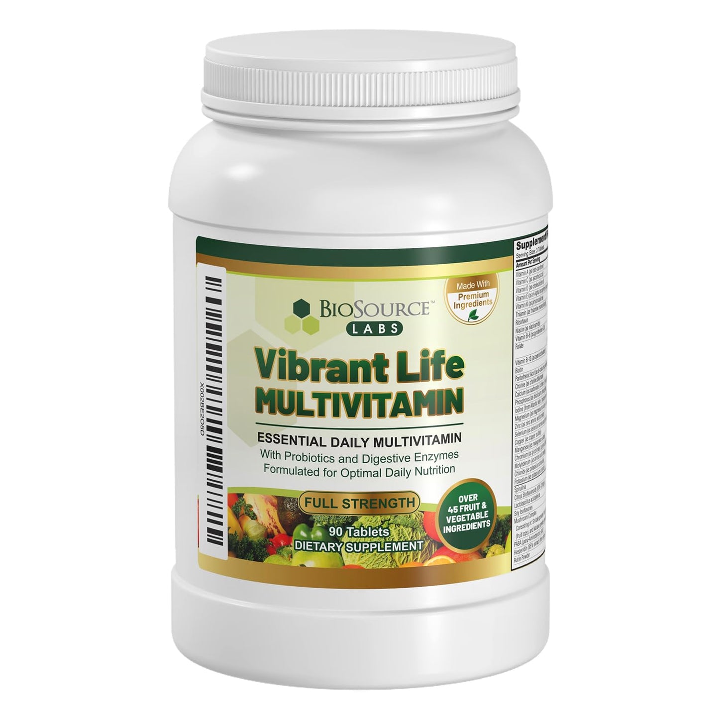 BioSource Labs Vibrant Life Multivitamin with Probiotics, Digestive Enzymes & B-Complex – Over 45 Fruits and Veggies, Non-GMO, Gluten-Free, Daily Vitamins & Minerals for Men & Women 90 Tablets