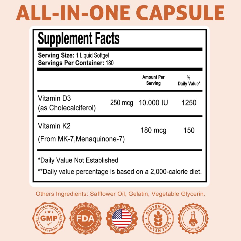 Health Dose Vitamin D3 10,000 IU + K2 (MK7) Supplement, 2-in-1 Formula Softgels, 180 Count