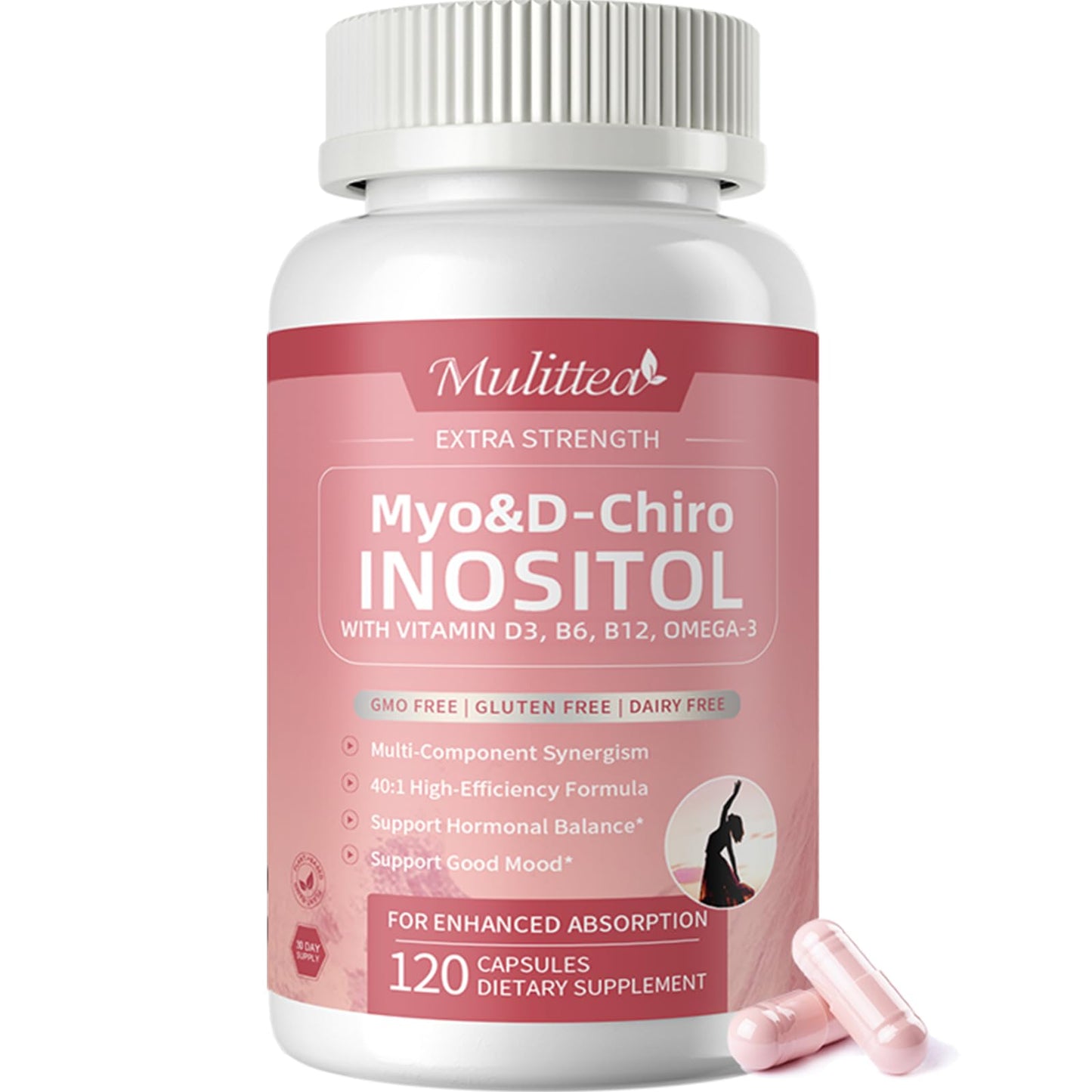 Mulittea Myo-Inositol & D-Chiro Inositol Supplement for Women, 14-in-1 Liposomal Inositol with Folic Acid, Omega-3 & Multivitamin for Hormone Balance, Support Ovarian, Skin & Mood, 120 Vegan Capsules
