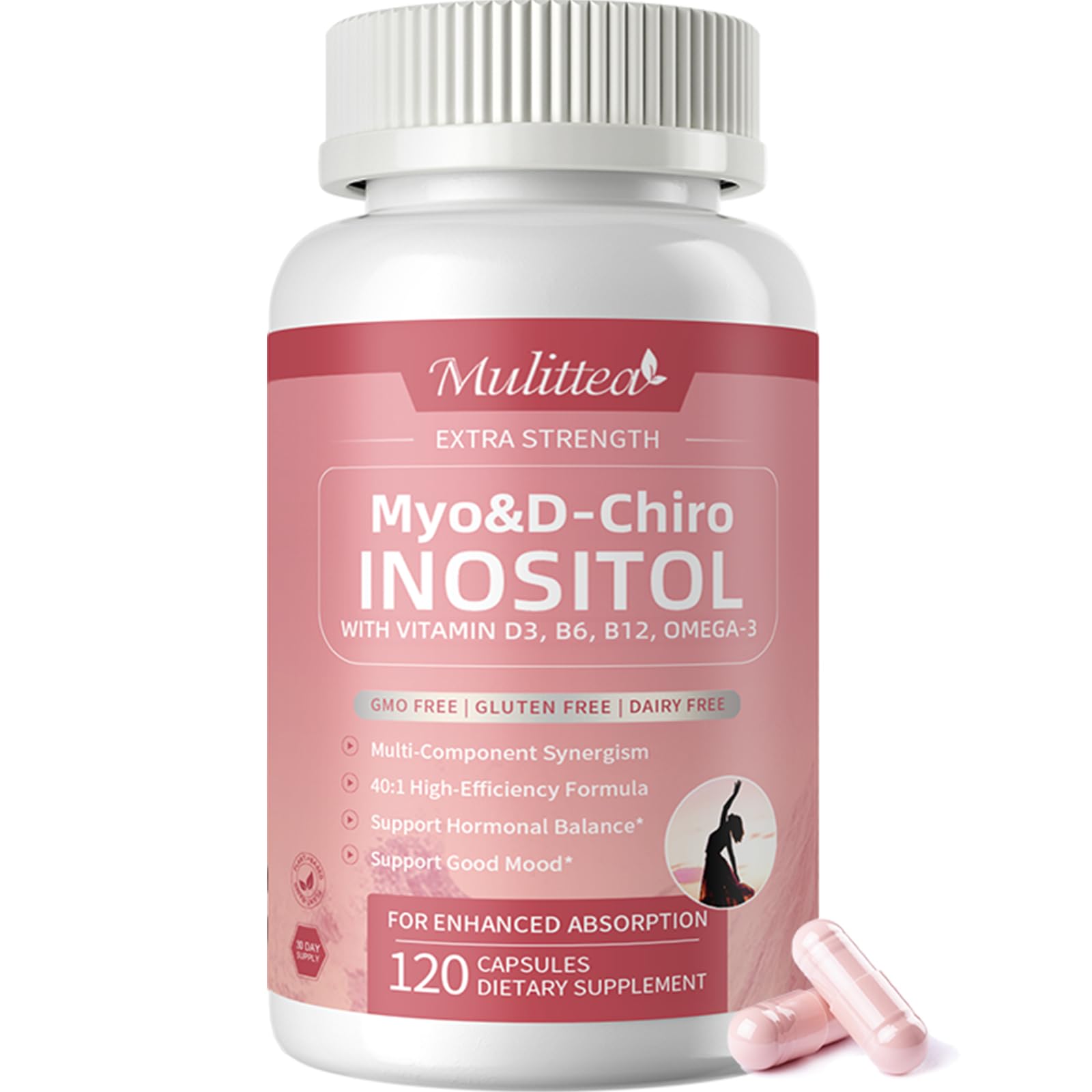 Mulittea Myo-Inositol & D-Chiro Inositol Supplement for Women, 14-in-1 Liposomal Inositol with Folic Acid, Omega-3 & Multivitamin for Hormone Balance, Support Ovarian, Skin & Mood, 120 Vegan Capsules