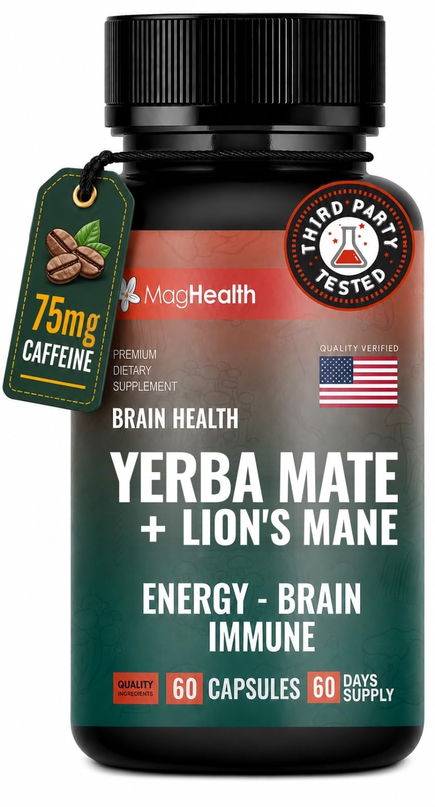 MagHealth Lion's Mane & Yerba Mate Capsules 4-in-1 Nootropic Supplement, 60 Count