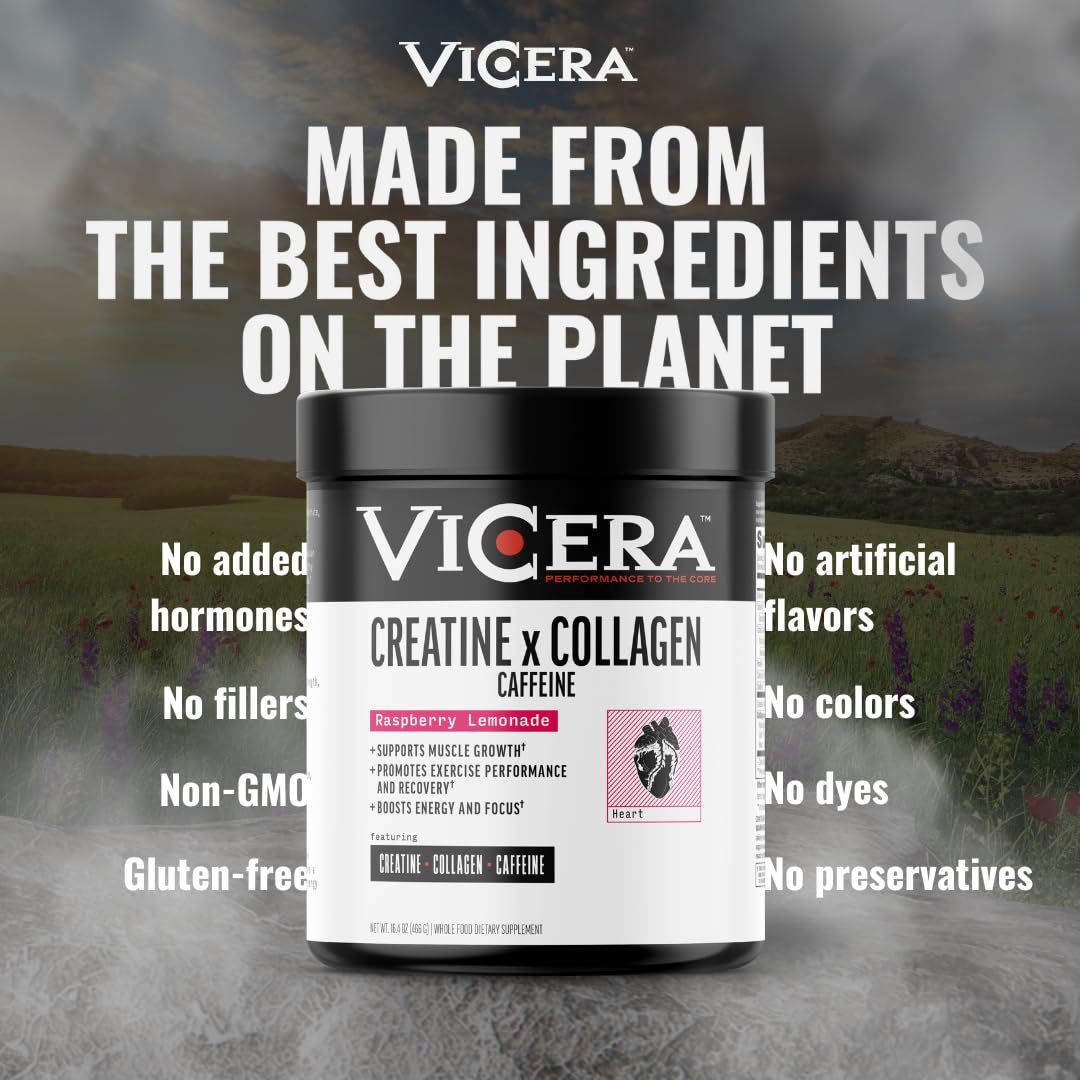 VICERA Creatine x Collagen x Caffeine Powder, Raspberry Lemonade Flavor, 16.4 Oz