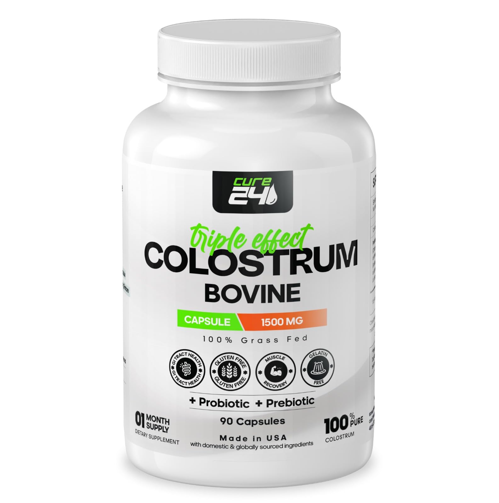 Cure24 Bovine Colostrum X3 Supplement Powder Capsule, 90 Count