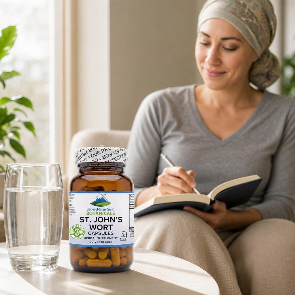 Pure Mountain Botanicals St. John's Wort Capsules 450mg Organic Herb and Extract Standardized to 3% Hypericin 90 Count