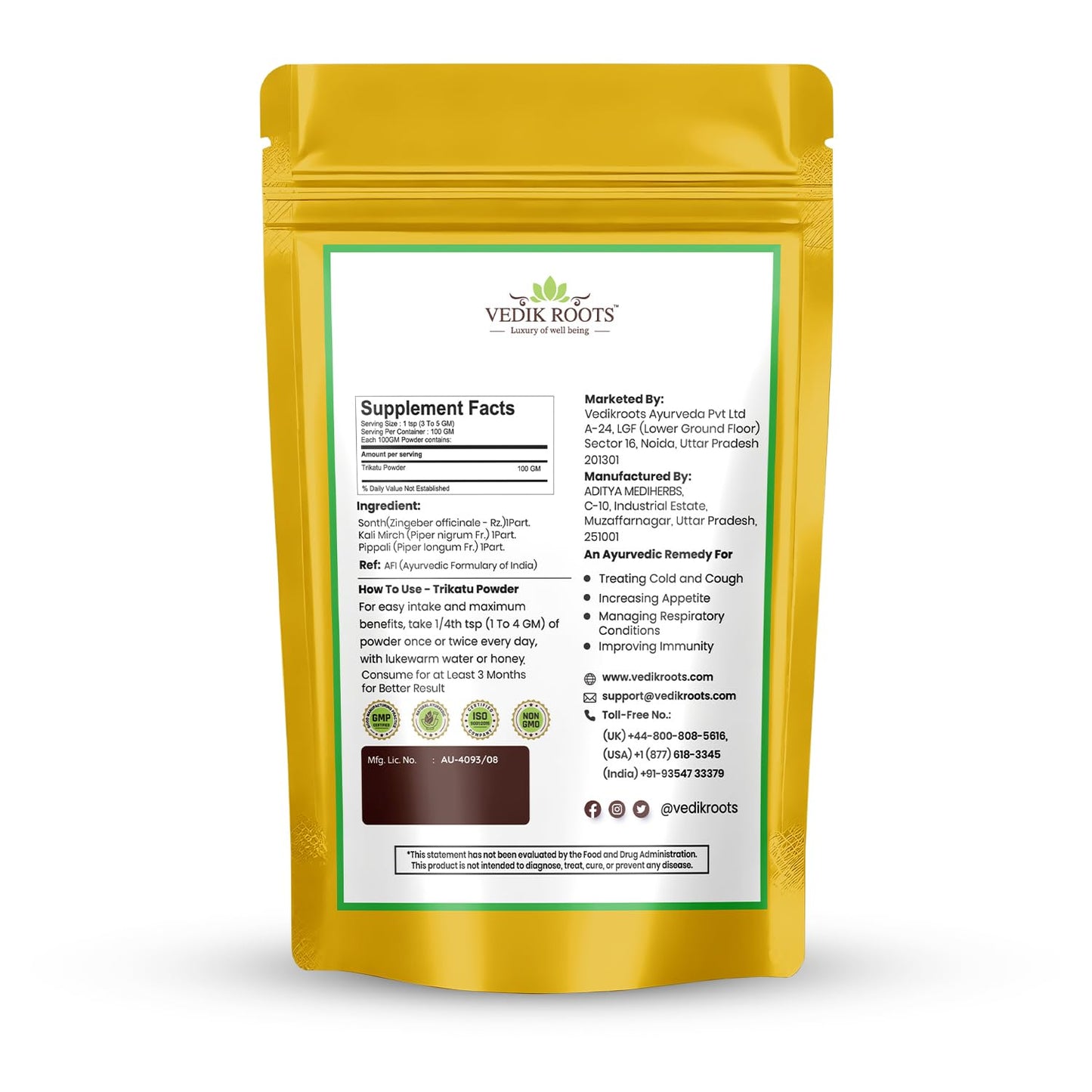 VEDIKROOTS Trikatu Powder 3.5274 oz