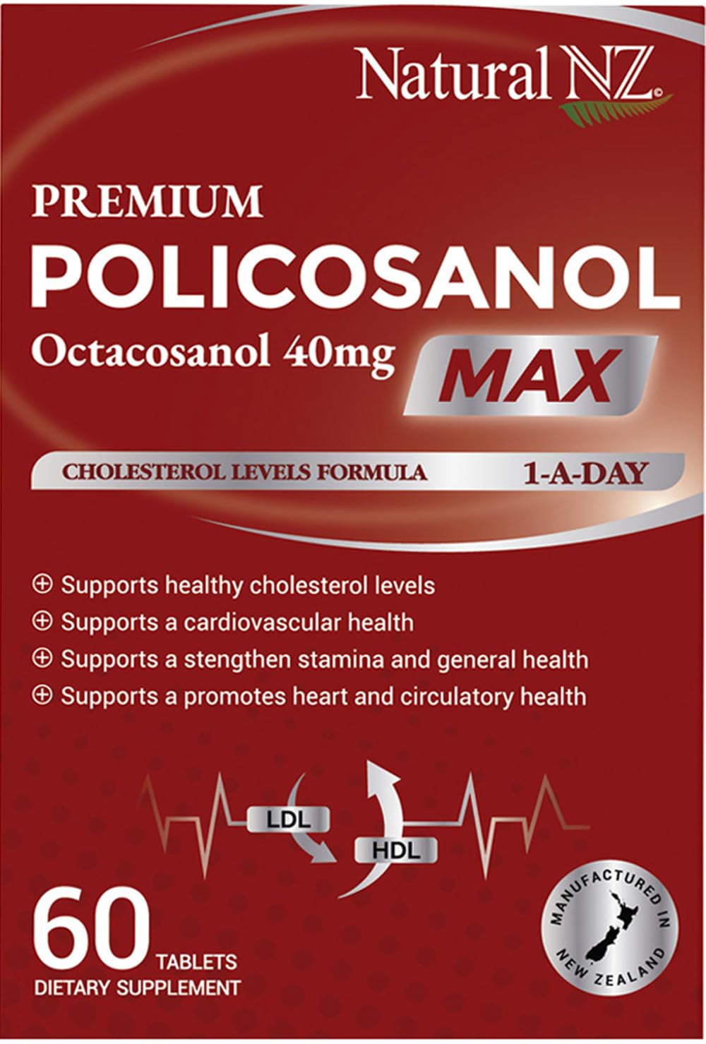 Natural NZ Policosanol Max 66.8mg (Otacosanol 40mg) 1-A-Day Tablets, 60 Count