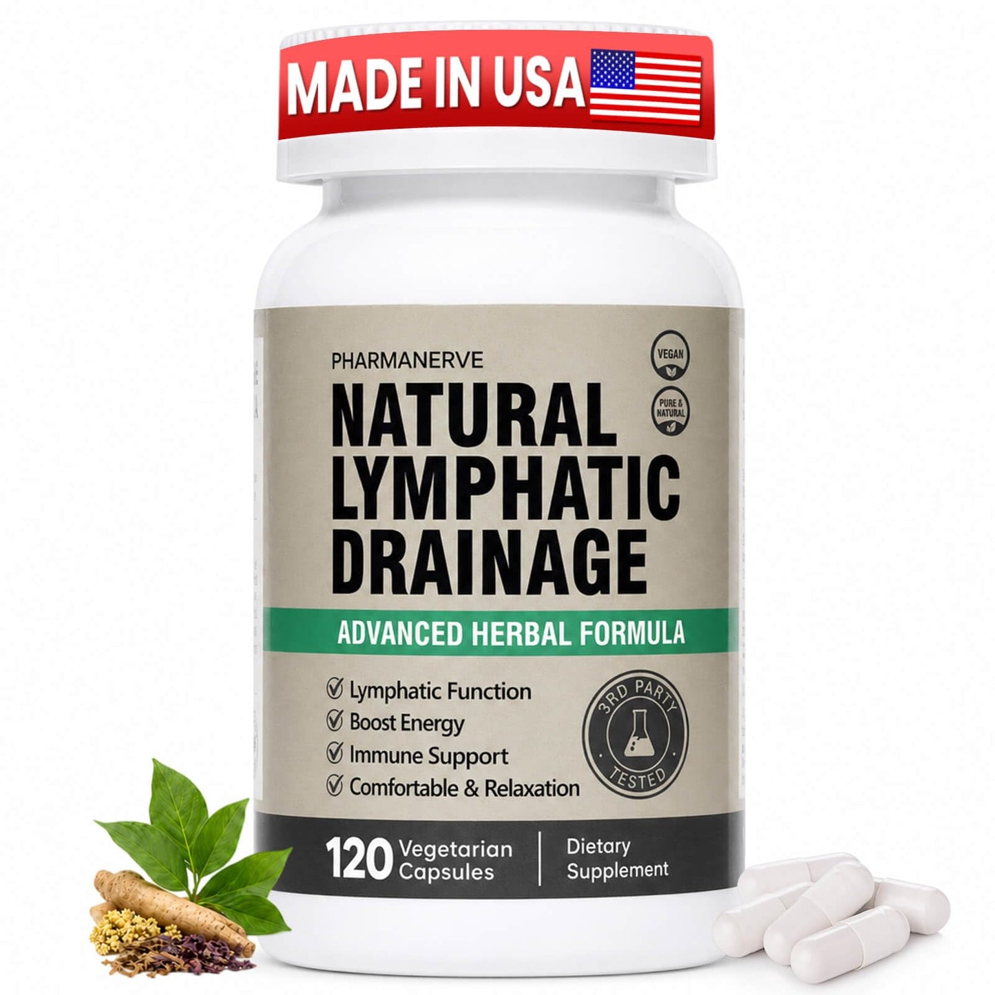 PHARMANERVE Lymphatic Drainage Natural Herbal Supplement for Immune Health & Fluid Balance with Echinacea, Dandelion, and Burdock, 60 Capsules