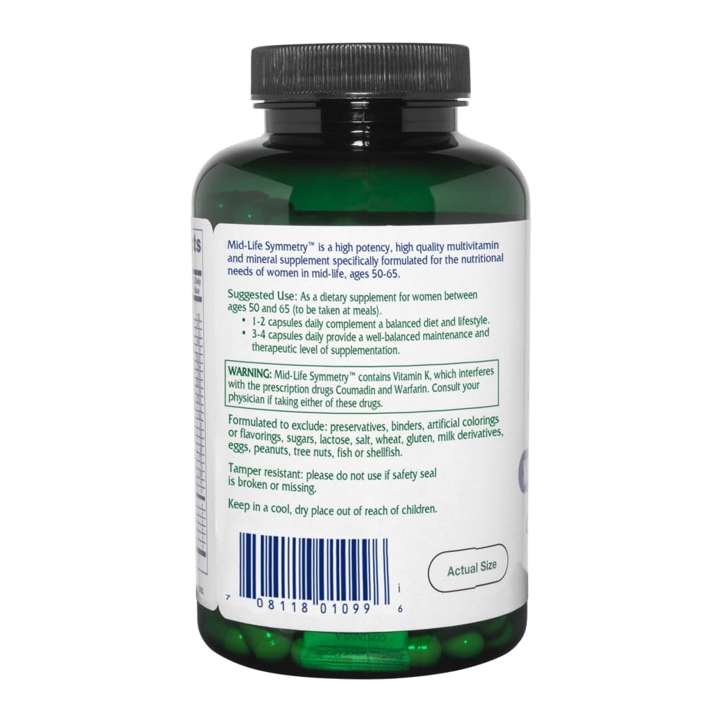 Vitanica Mid-Life Symmetry 50-65 High Potency Daily Multivitamin and Mineral, Vegan, 180 Capsules