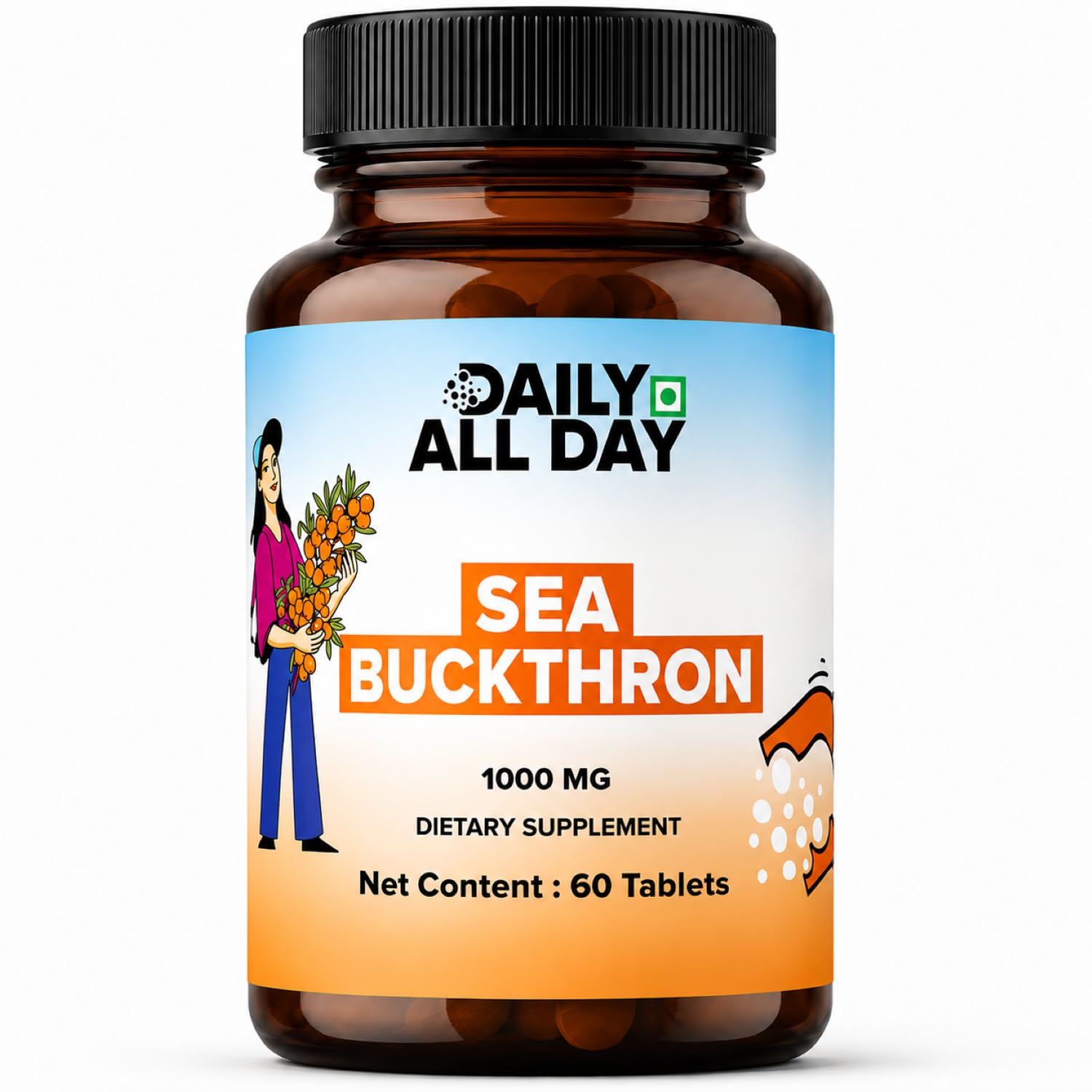 Daily All Day Sea Buckthorn Tablets Berry Extract for Daily Wellness & Nutrition, 60 Tablets