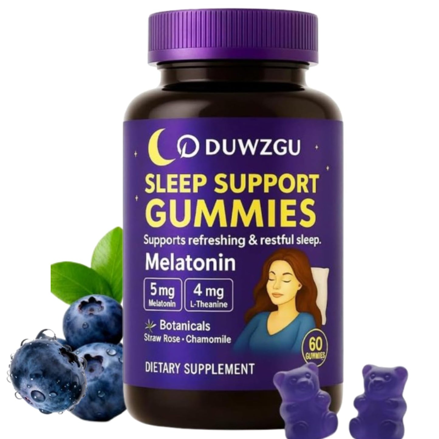 DUWZGU Sleep Gummies for Adults – Melatonin, L-Theanine, Chamomile & Lemon Balm – Berry Flavor – Vegan, Non-GMO – 60 Gummies