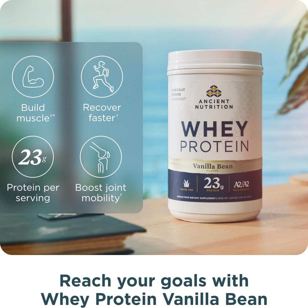 Ancient Nutrition Grass-Fed Whey Protein Powder, Vanilla Bean, 41.2 Servings