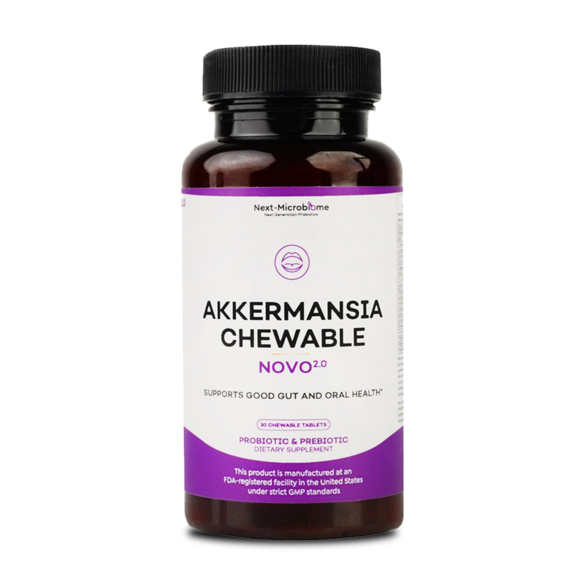 NEXT-MICROBIOME Akkermansia Probiotic and Prebiotic Supplement NOVO 2.0 with HMO Chewable, 30 Tablets