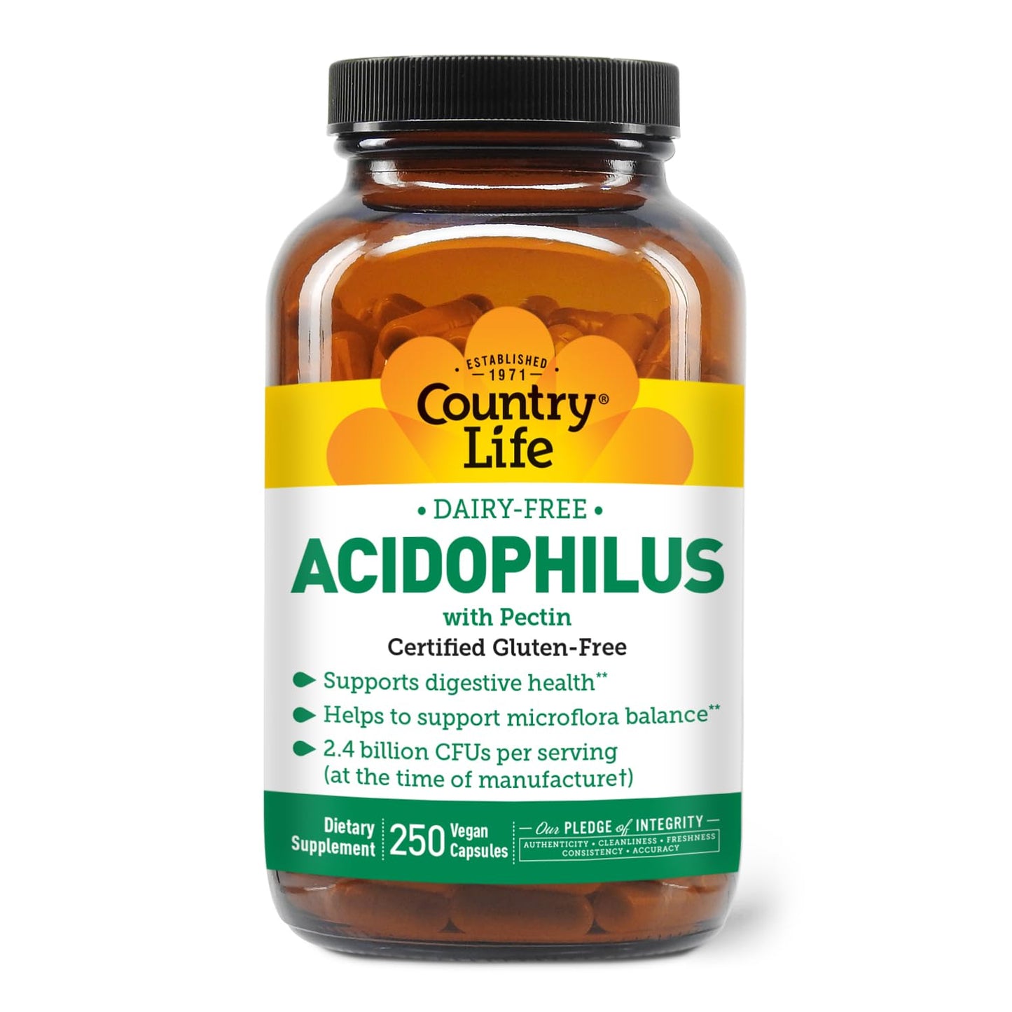 Country Life Acidophilus Probiotic Supplement for Women & Men, 2.4 Billion CFUs, Dairy-Free, Non-GMO, 250 Capsules
