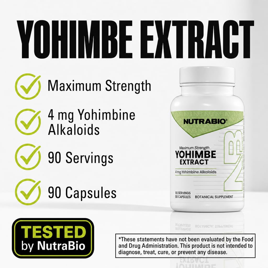 NutraBio Yohimbe Bark Extract Supplement Capsules, 90 Count