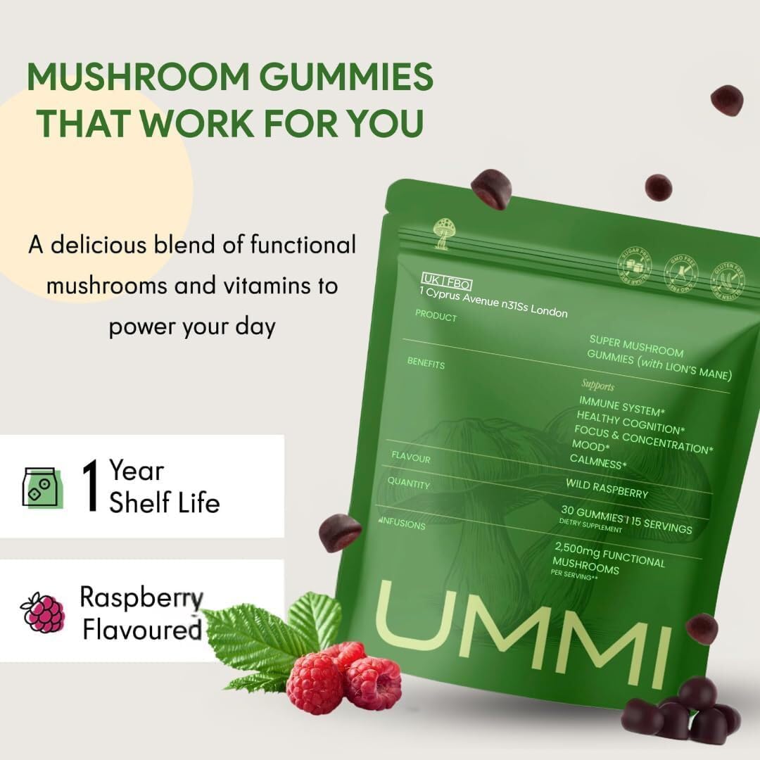 UMMI 12-in-1 Super Mushroom Gummies with Lion's Mane, Reishi, Cordyceps 2500mg Functional Mushrooms Complex, 30 Count