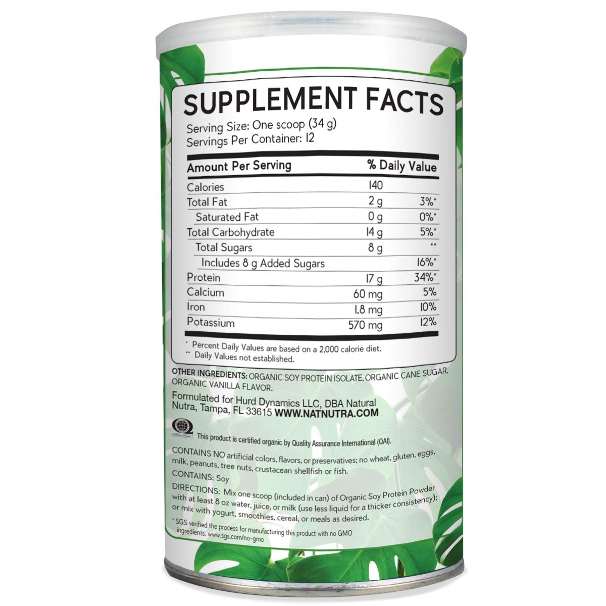 Natural Nutra Organic Vegan Plant Based Soy Protein Powder 14.4 oz