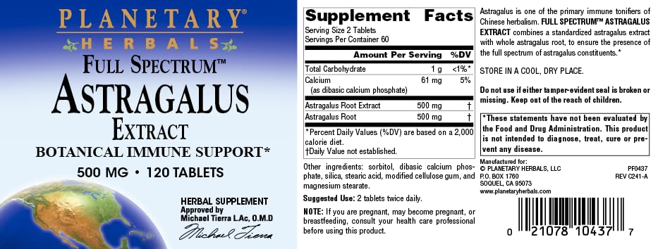 Planetary Herbals Full Spectrum Astragalus Extract 500 mg Tablets, 120 Count