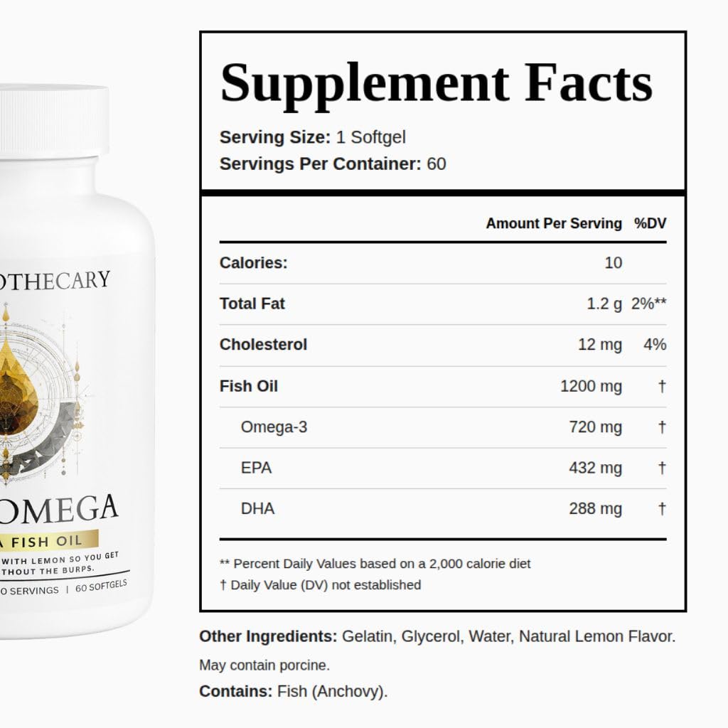 Dear Apothecary Pure Omega Fish Oil 1200mg - 720mg Omega-3 with EPA 432mg & DHA 288mg - Molecularly Distilled, No Fishy Aftertaste - Heart, Brain, Joint & Vision Support - 60 Softgels