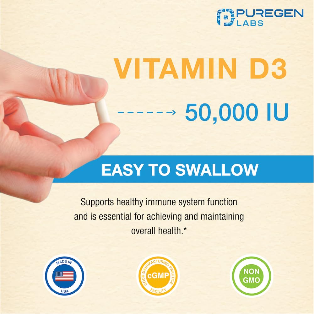 P Puregen Labs Vitamin D3 50,000 IU (1250 mcg) Capsules, 100 Count