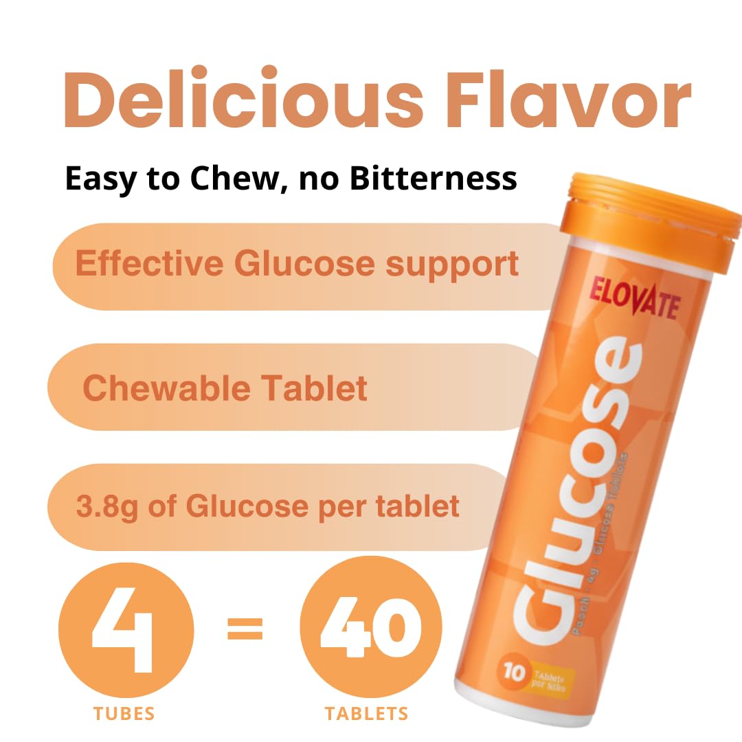 ELOVATE Fast Acting Glucose Tablets, Peach & Raspberry Variety, 40 Count
