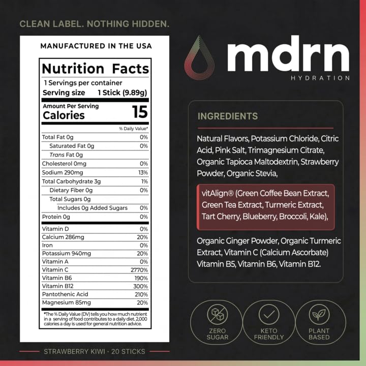 MDRN Hydration Zero Sugar Electrolytes with Pink Himalayan Salt Powder Strawberry Kiwi 7