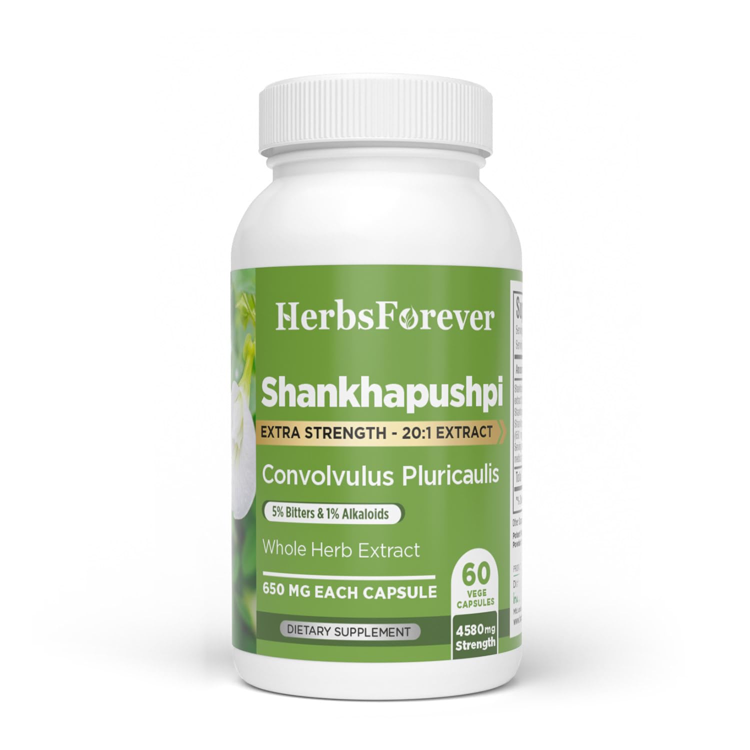 Herbsforever Shankhpushpi (Convolvulus pluricaulis) Extra Strength 20:1 Extract, Equiv. to 4580mg Plant Powder Per Serving - Brain Tonic & Cognitive Focus, 60 Veg Capsules