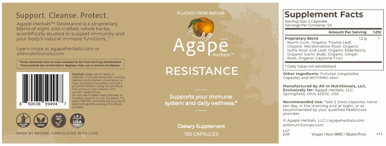 All In Nutritionals Agape Herbals Resistance Capsules 100 Count