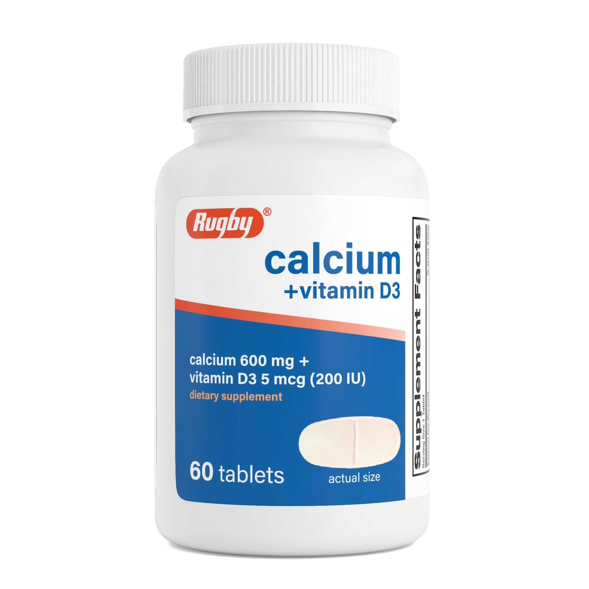 Rugby Laboratories Calcium 600 mg Tablets with Vitamin D3 200IU (5 mcg) Gluten-Free Daily Vitamin D Dietary Supplement for Bone Health and Calcium Absorption, 60 Tablets
