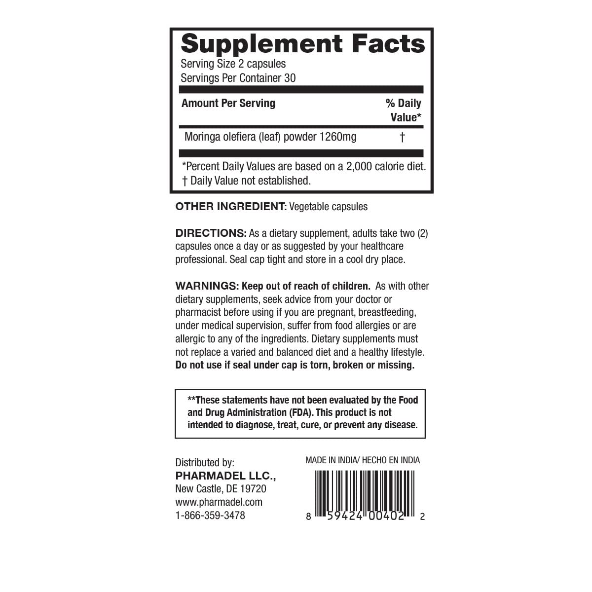 SALUTARI Moringa Leaf Powder Capsules 1260 mg, 60 Capsules