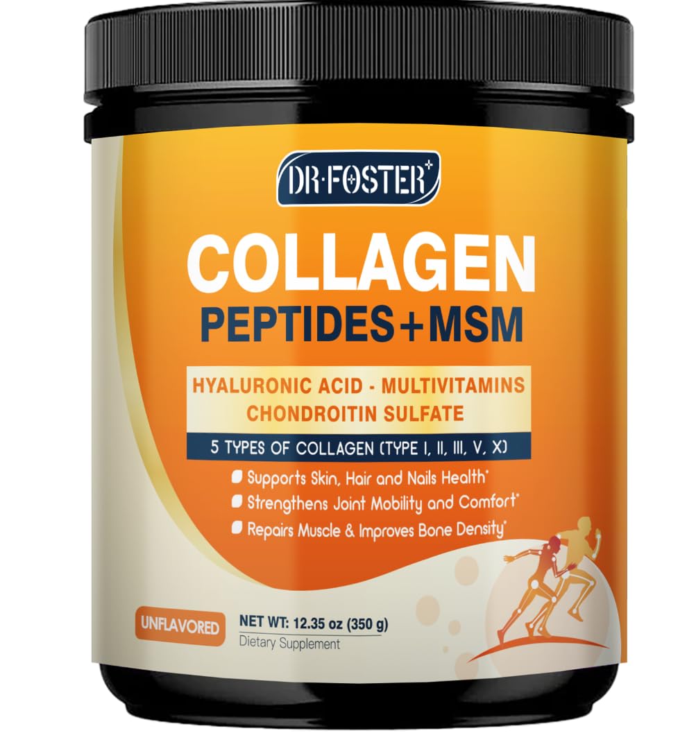 DRFOSTER Multi Collagen Peptides Powder for Women with MSM + CS & D3 - Type I, II, III, V, X Hydrolyzed Collagen with Vitamin C & Hyaluronic Acid for Skin, Hair, Nails & Joints, Non-GMO, 12.35 Ounce