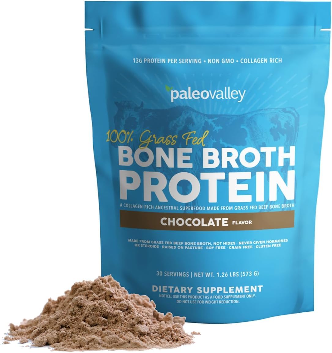 Paleovalley 100% Grass Fed Bone Broth Protein Powder, Chocolate, 1.18 lb