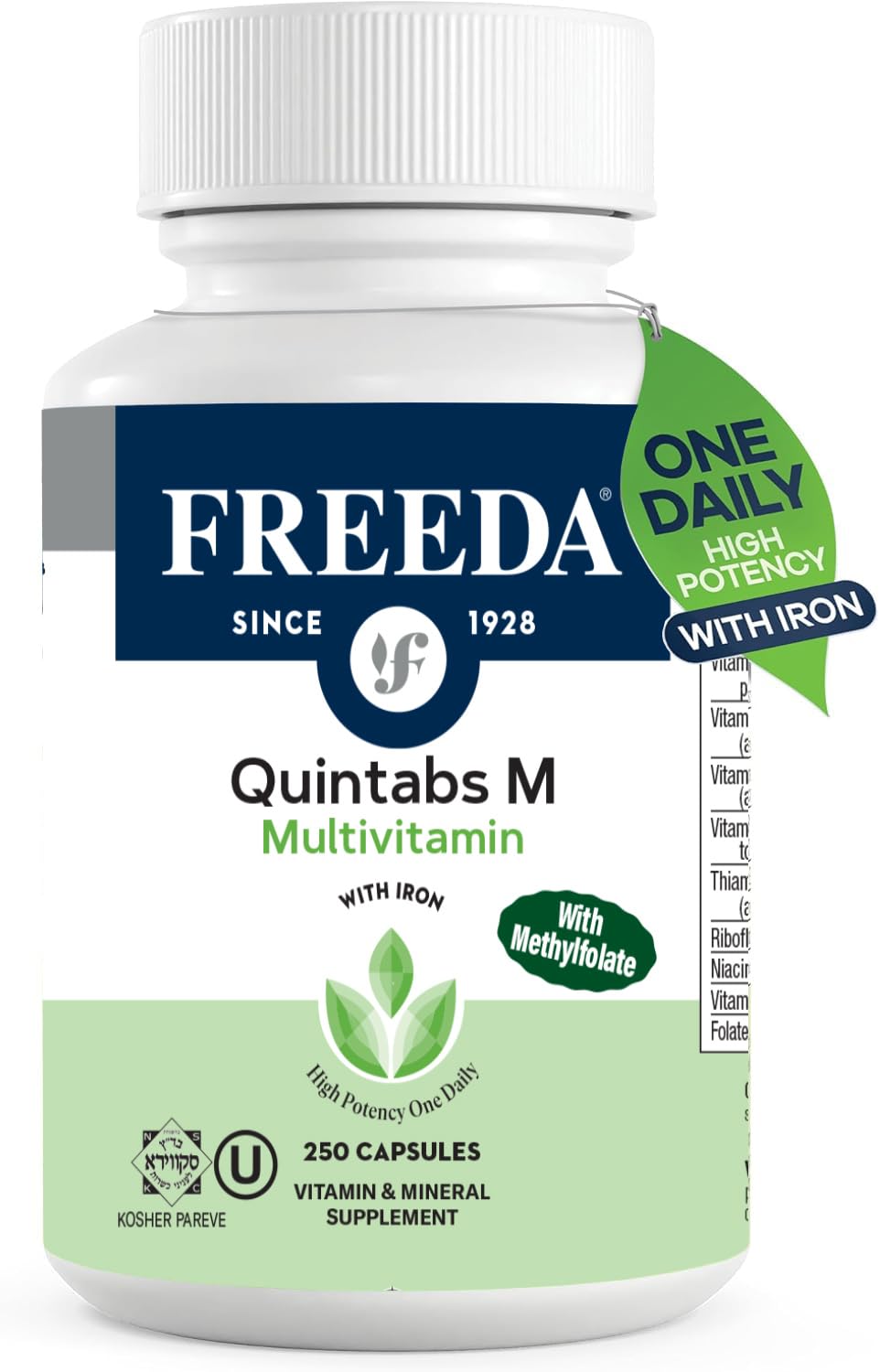 FREEDA Multivitamin One Daily Quintabs-M with Iron – Kosher Multivitamins for Women and Iron-Deficient Men, 250 Capsules