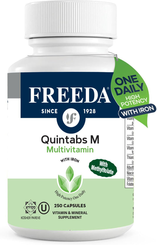 FREEDA Multivitamin One Daily Quintabs-M with Iron – Kosher Multivitamins for Women and Iron-Deficient Men, 250 Capsules