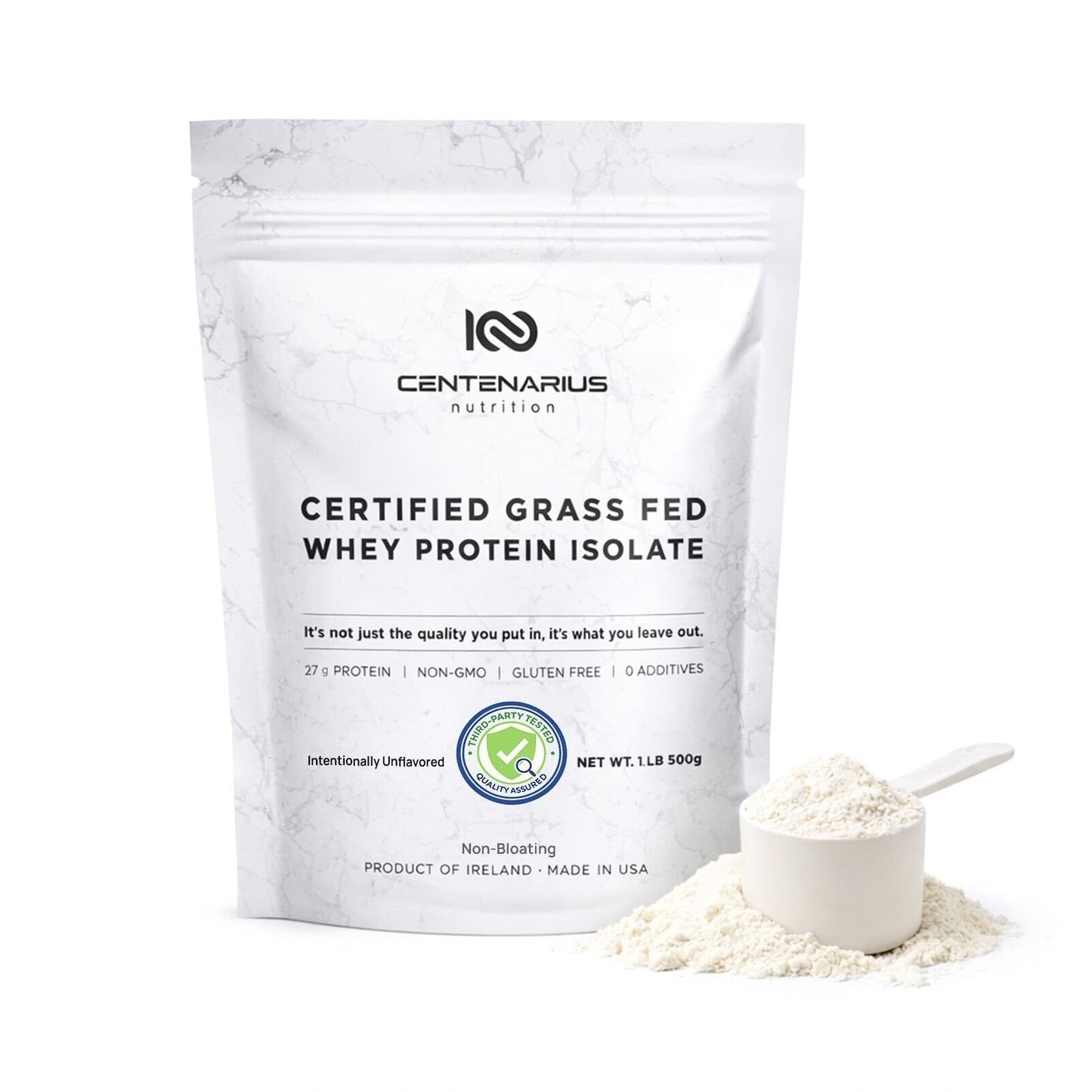 Centenarius Nutrition Whey Protein Isolate Powder, Unflavored, Irish Grass-Fed, 500g, 27g Protein per Serving, 17.637 oz