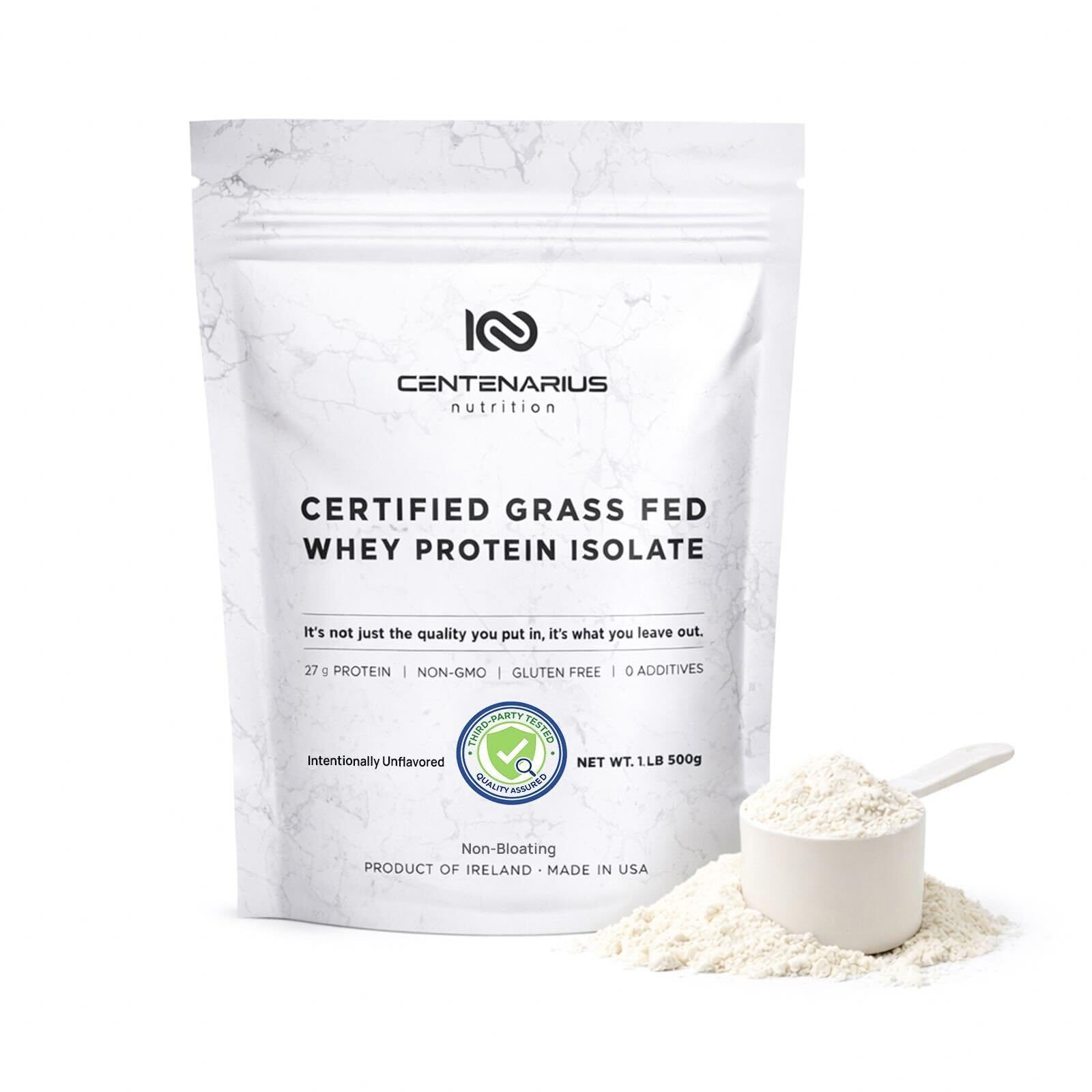 Centenarius Nutrition Whey Protein Isolate Powder, Unflavored, Irish Grass-Fed, 500g, 27g Protein per Serving, 17.637 oz