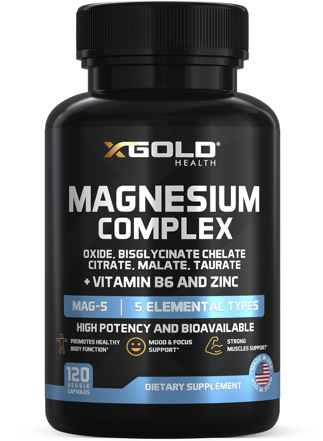 X Gold Health Magnesium Complex 5-in-1 with Zinc & Vitamin B6, High Absorption Formula, Glycinate, Citrate, Malate, Taurate & Oxide, 500mg, Capsules, 120 Count