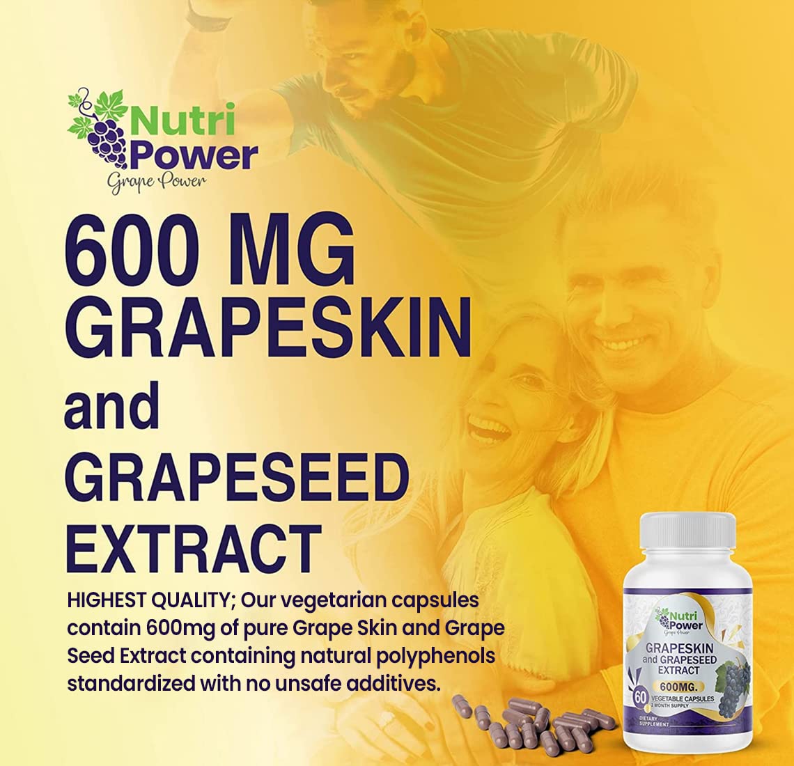 Nutri Power Skin & Grape Seed Extract Supplement 600 mg Capsules, 60 Count