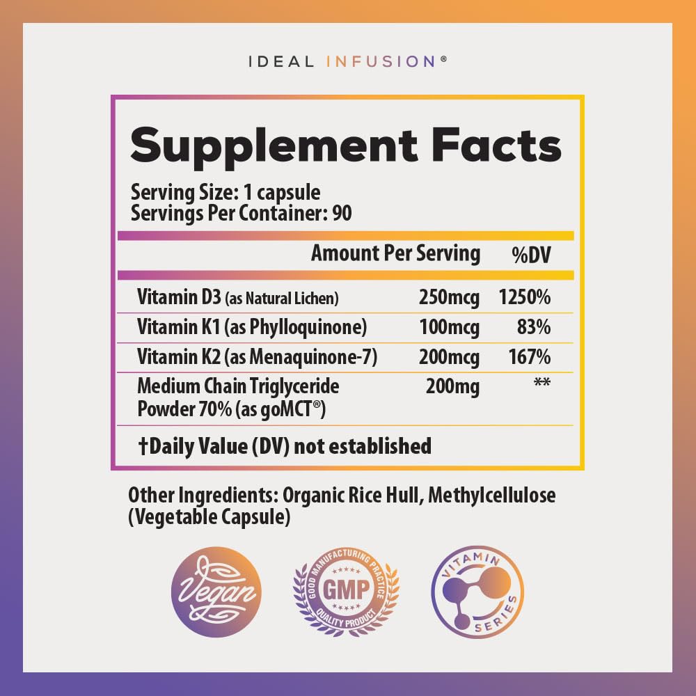Ideal Infusion Wildcrafted Vegan Vitamin D3 10,000iu with K1 K2 Capsules, 90 Count