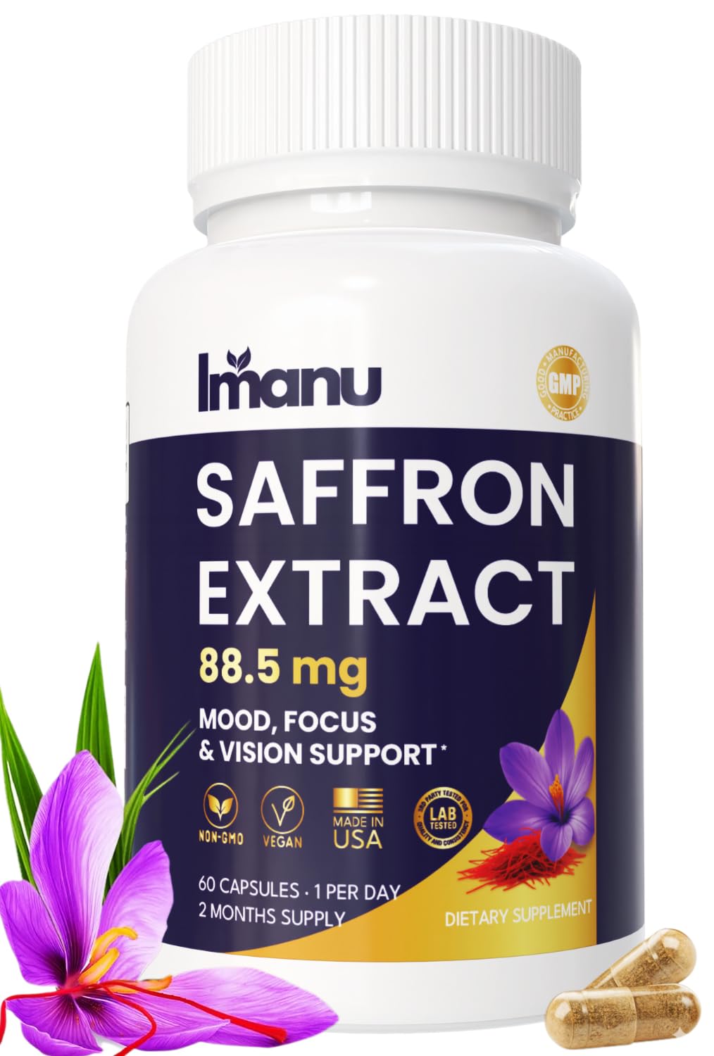 Imanu Saffron Extract 88.5mg Mood and Cognitive Support for Women, Capsules, 60 Capsules