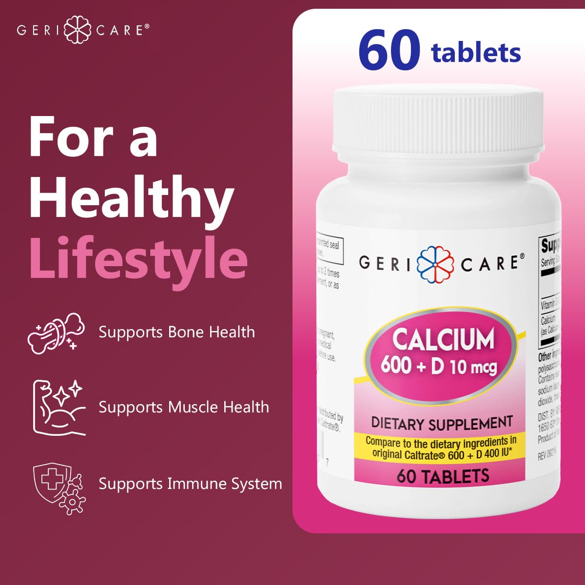 GeriCare Calcium 600mg Vitamin D 10mcg Tablets, 60 Count