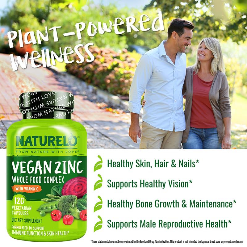 NATURELO Vegan Zinc Immune Support Capsules with Vitamin C, 120 Capsules