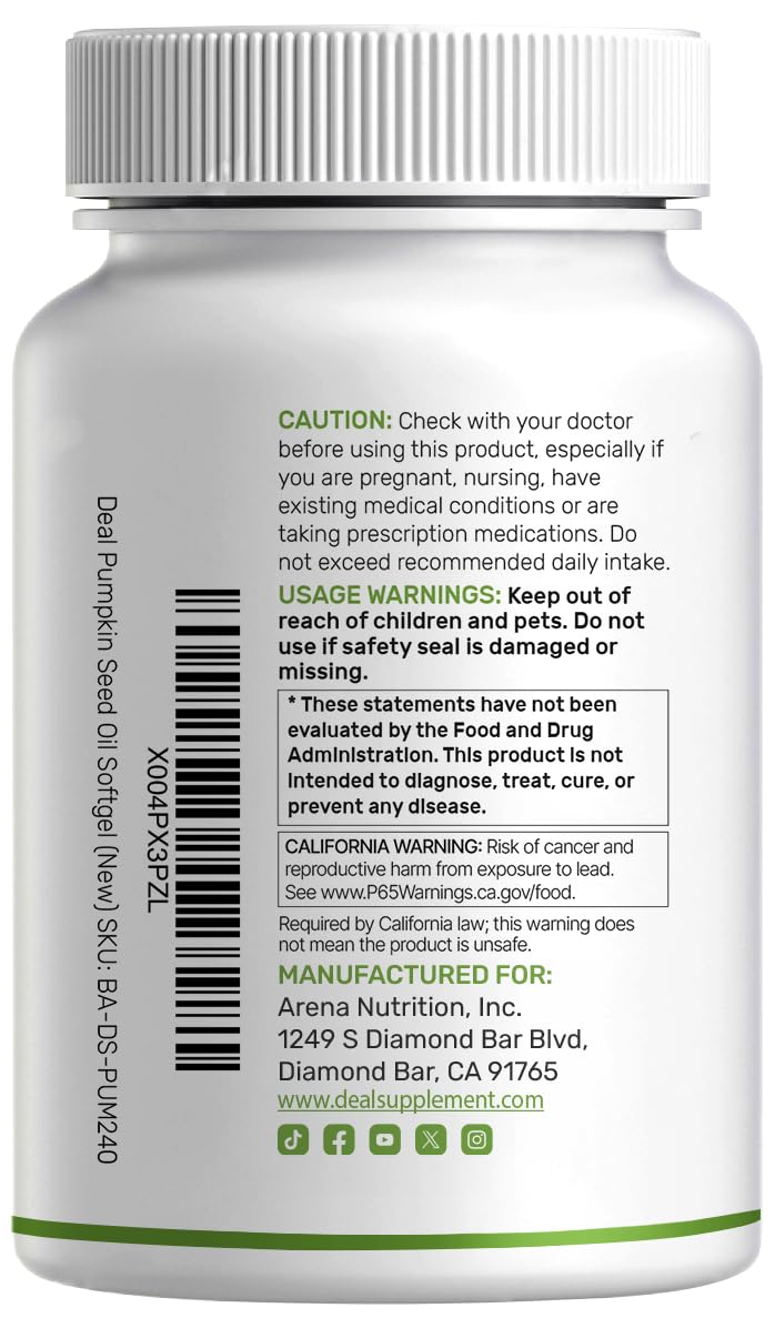 DEAL SUPPLEMENT Pumpkin Seed Oil 3,000mg with Saw Palmetto Softgel, 240 Softgels, Non-GMO