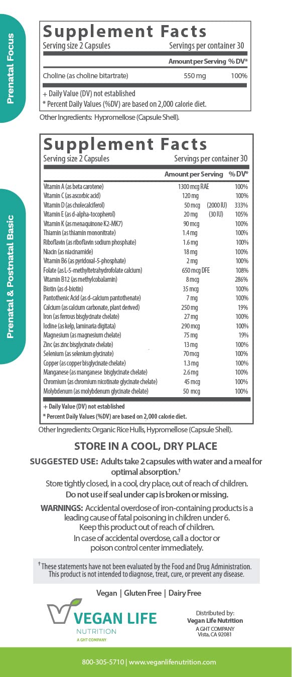 Vegan Life Nutrition Vegan Prenatal Vitamins Capsules, 60 Capsules