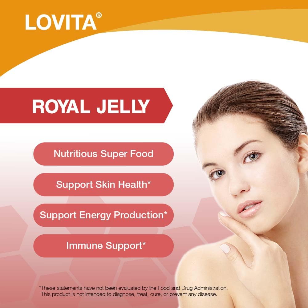 LOVITA Royal Jelly 333 mg, 3:1 Concentrate, 20 mg 10-HDA, Natural Source Super Food, Supports Skin Health & Energy Production, 180 Capsules