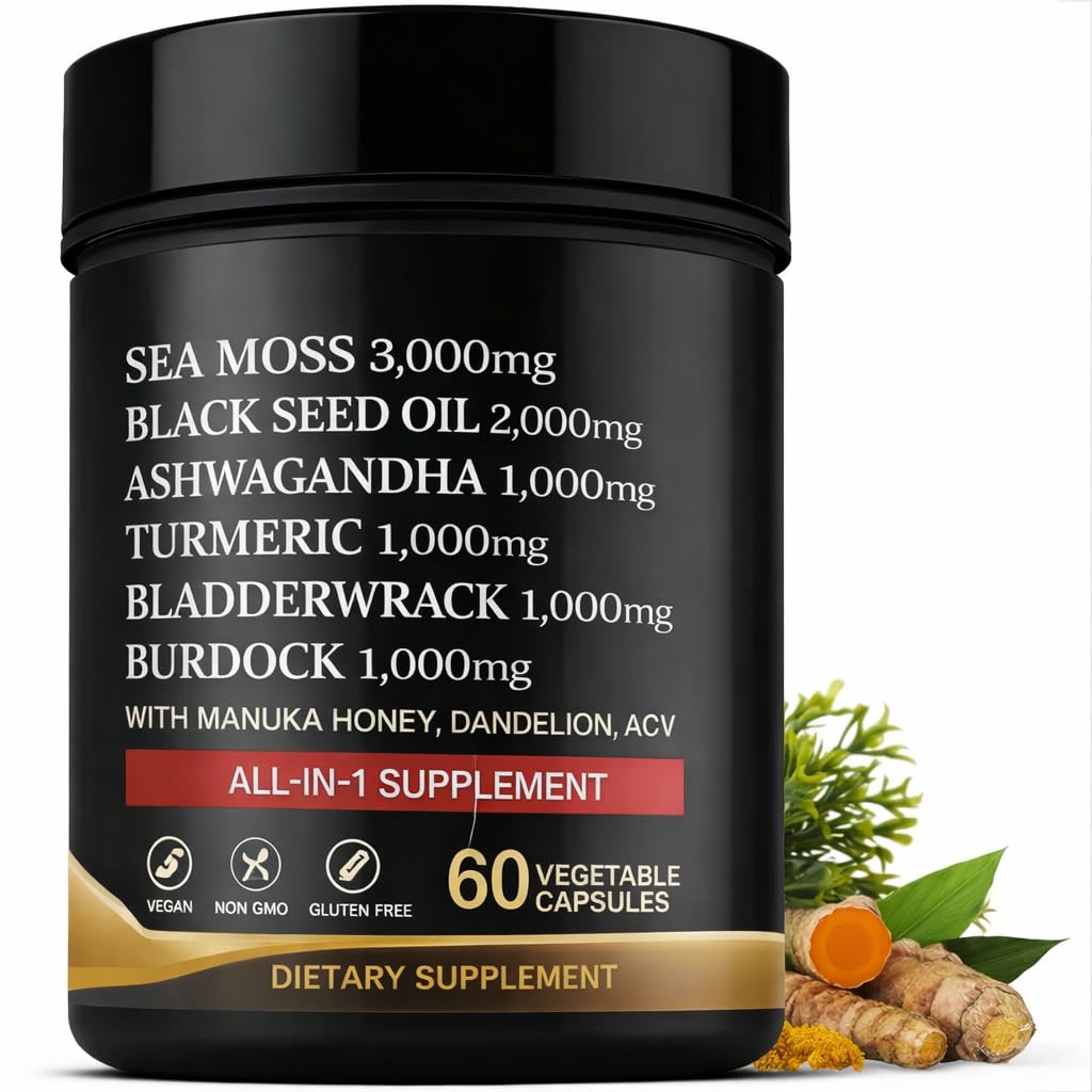 AZ ApexZone True Sea Moss Capsules Black Seed Oil Ashwagandha Burdock Root Tumeric Supplement with Manuka Honey Dandelion Root ACV - 60 Capsules