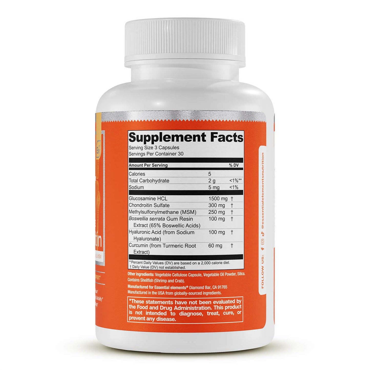 Essential Elements Glucosamine Chondroitin MSM Boswellia Serrata Hyaluronic Acid Joint Support Capsule, 90 Count