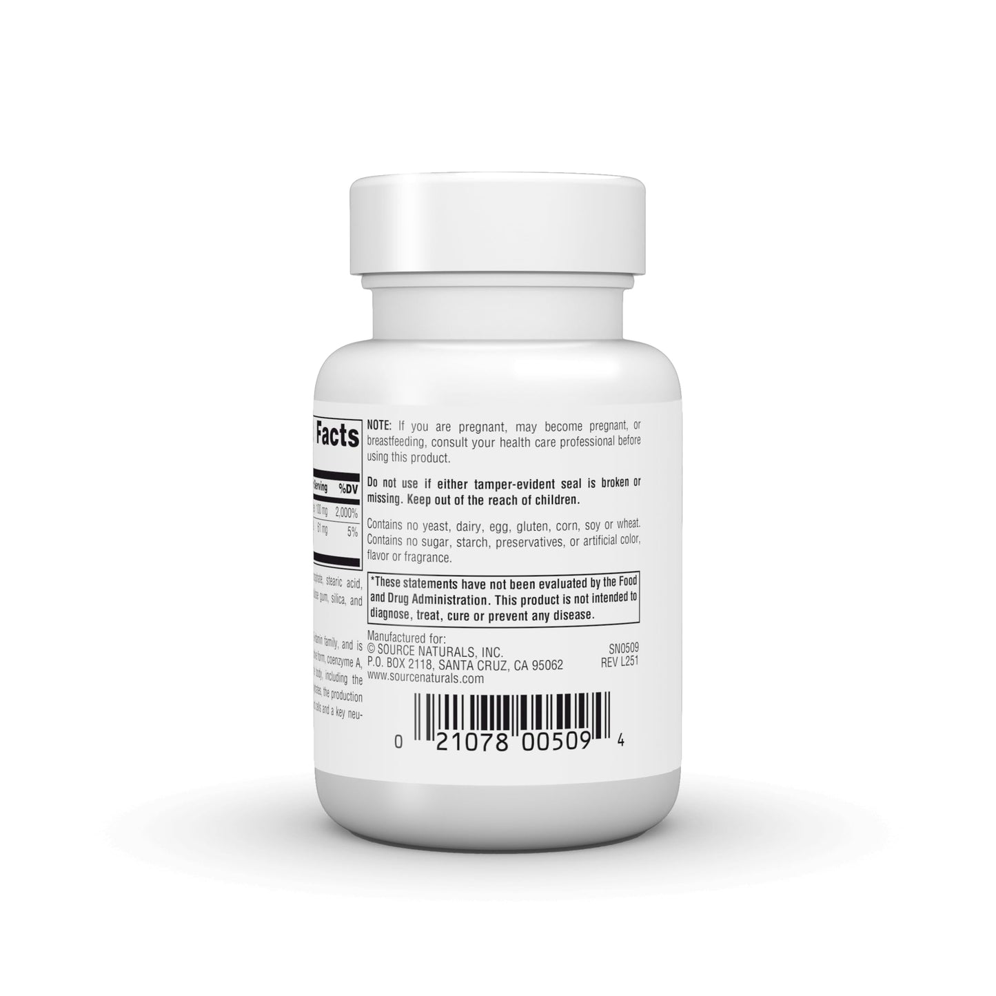 Source Naturals Pantothenic Acid 100 mg Vitamin B-5 Dietary Supplement Tablet, 100 Tablets