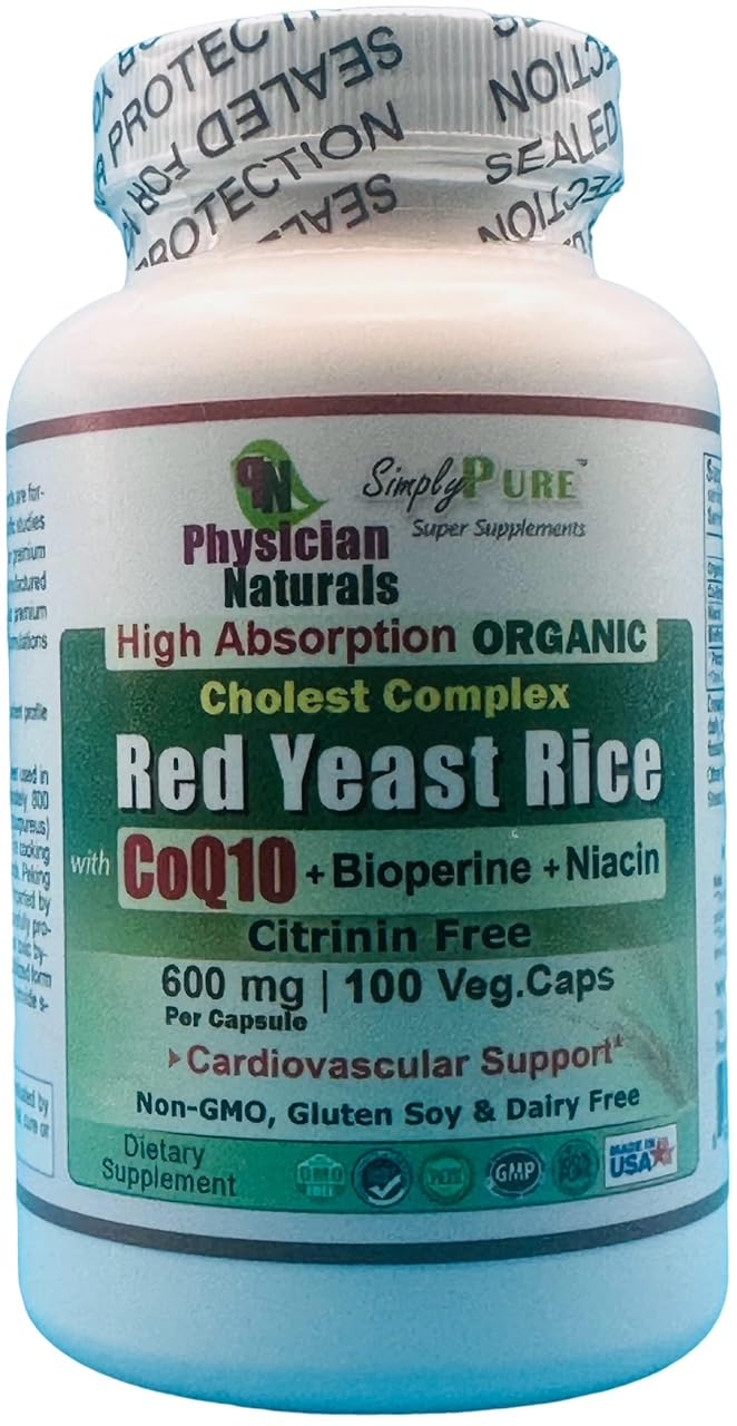 Physician Naturals Organic Red Yeast Rice with CoQ10 and Piperine 600 mg High Absorption, 100 Veg Caps